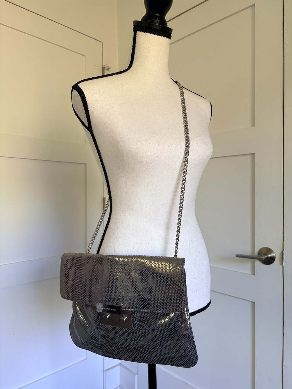 Michael Kors Metallic Silver Snakeskin Embossed Chain Shoulder Bag